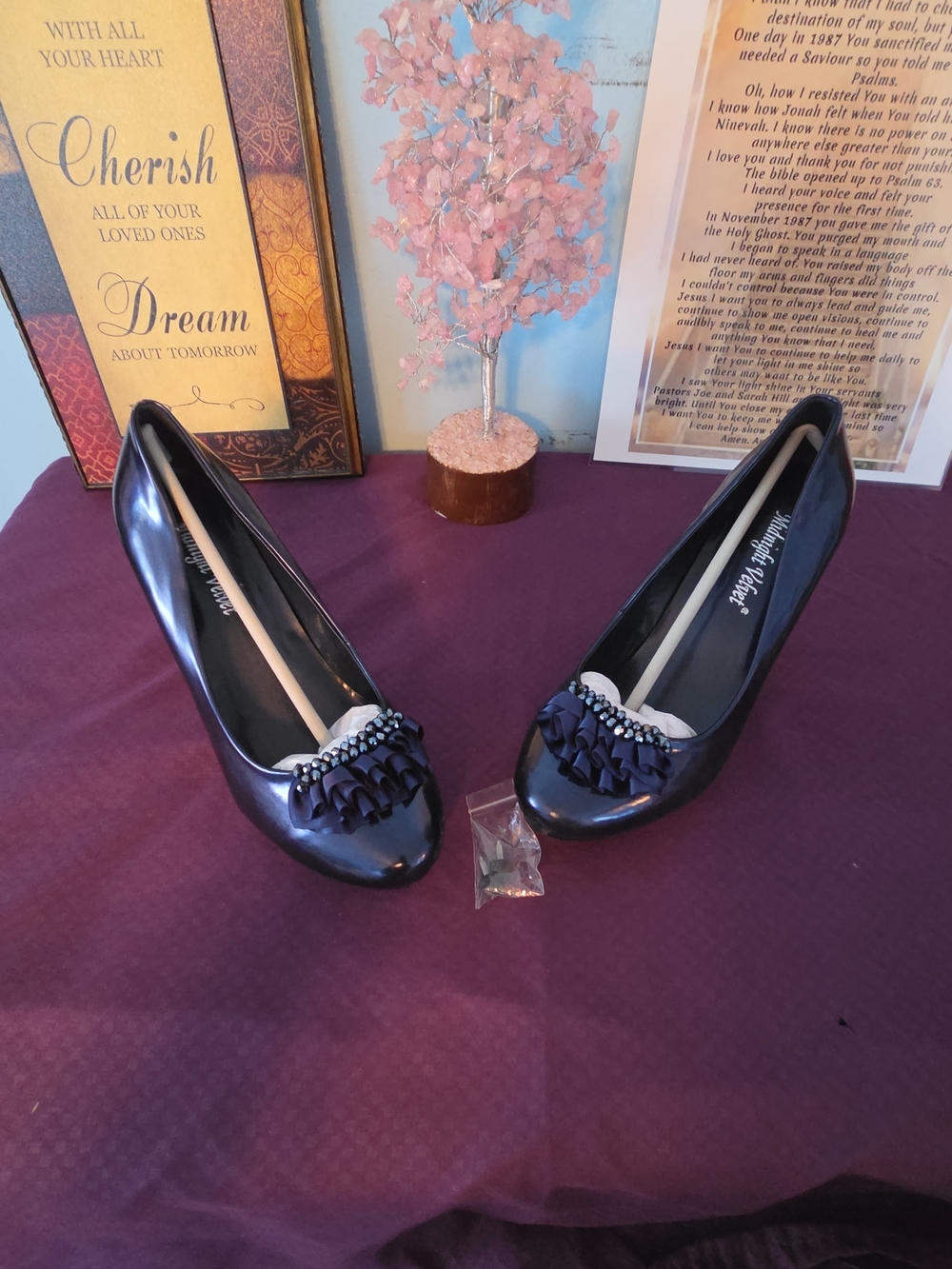 Women's Royal Blue Patent Ballet Heels with Decorative Ruffle and Beading
